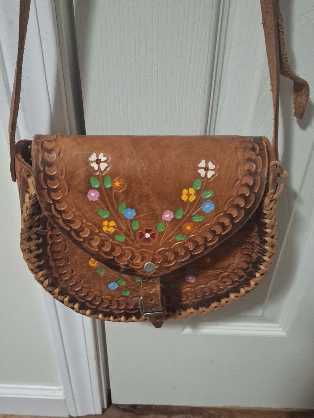 Hand Painted and Hand Tooled All Leather Crossbody Bag